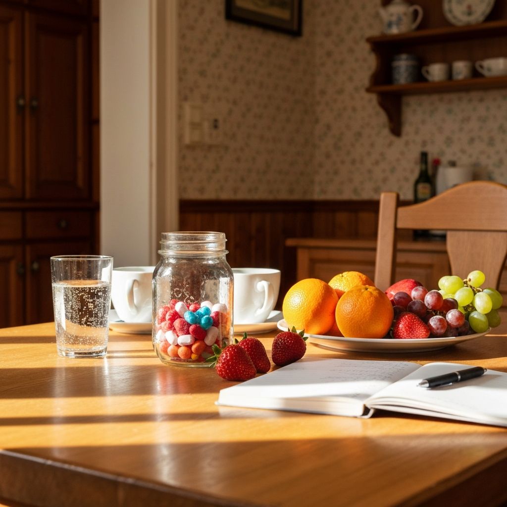 Frühstückstisch mit Wasser, Vitaminen und frischen Früchten