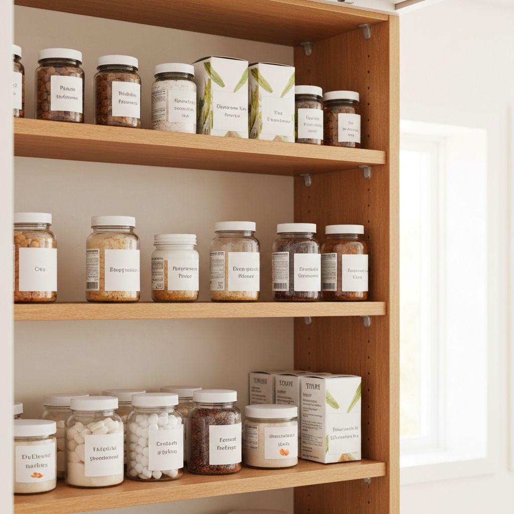 Küchenschrank mit ordnungsgemäß angeordneten Supplement-Gläsern und Boxen