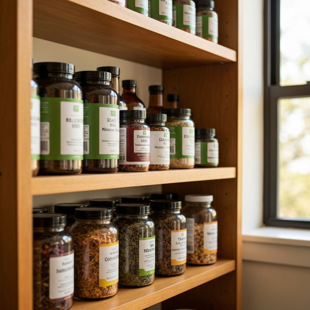 Offenes Küchenregal mit Supplement-Gläsern, Pulvern und Kräutern